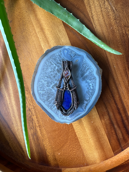 Lapis Lazuli With Fire Agate Wire Pendant